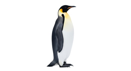 Isolated emperor penguin stands tall against a neutral backdrop showing feathers and markings © Eustace