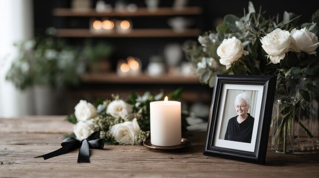 photo frame with portrait of senior woman, black ribbon, candle and white rose flowers on dark background with copy space, funeral concept