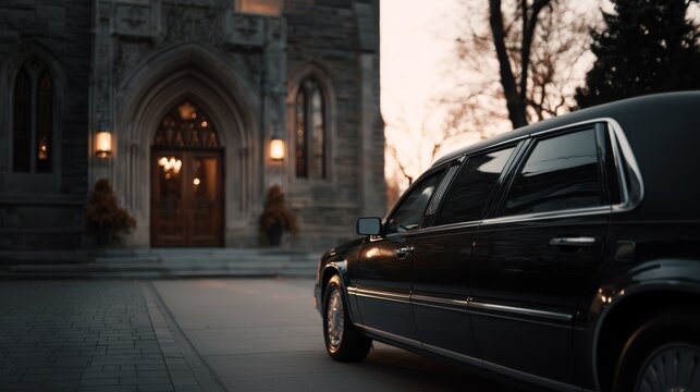 side view of modern hearse in the foreground, church doors on the background