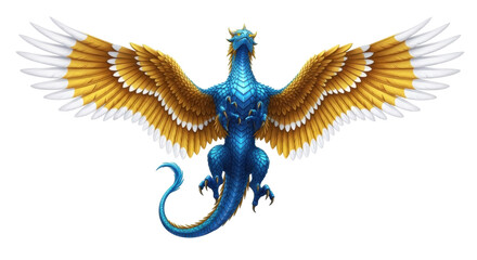 Isolated blue dragon with golden, feathered wings outstretched, mythical creature design © Eustace