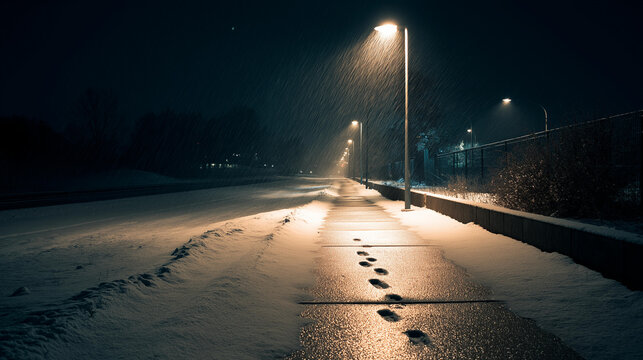 Moody cinematic night city sidewalk with footsteps in snow under a streetlamp glow and gentle snowfall