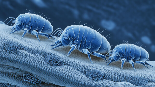 Hyperreal scientific macro illustration of dust mites on fabric fiber viewed with medical microscopy showing allergens and textile detail