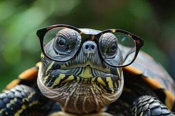 Close up of a turtle wearing eyeglasses, showcasing a blend of nature and human elements