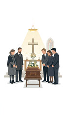 Fototapeta premium A group of people stand somberly around a flower-adorned coffin in a church setting with a cross and altar.