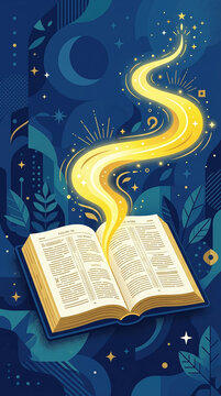 An open book emits a glowing yellow ribbon of light against a dark blue, starry background with celestial and botanical motifs.