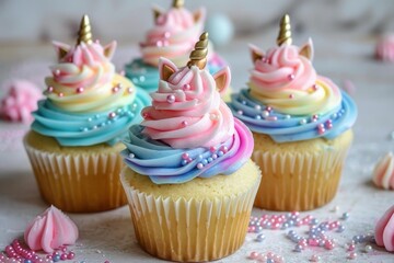 Naklejka premium Delicious unicorn cupcakes decorated with rainbow pastel buttercream swirls, golden horn and ears, and colorful sprinkles, creating a whimsical and magical treat