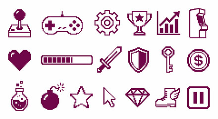 Set of 19 monochrome retro game pixel art icons. 8-bit joystick and controller collection. Vector illustration for game UI, arcade, classic gaming, and pixelated concepts. © VectorGomes