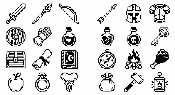 Set of 24 monochrome retro RPG inventory icons. 8-bit pixel art fantasy collection. Vector illustration for game UI, inventory systems, and classic adventure concepts.