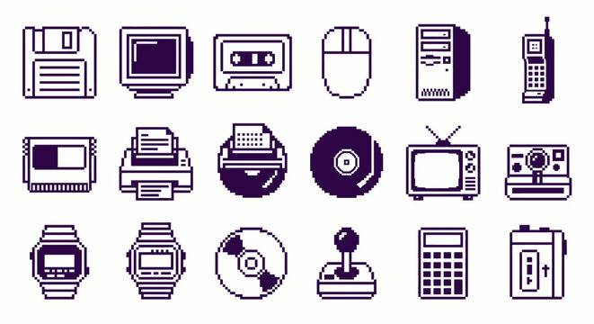 Set of 16 monochrome retro hardware and vintage technology icons. 8-bit pixel art computing collection. Vector illustration for nostalgia, tech UI, and classic electronics concepts.