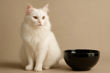 White fluffy cat looking away, sitting next to a black empty bowl, waiting for food. Pet hunger concept