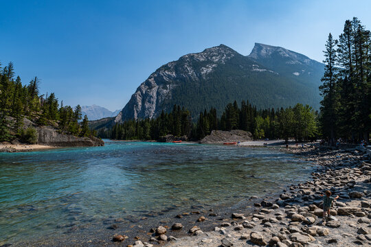 Bow River flowing through Banff with Rocky Mountain scenery in Canada