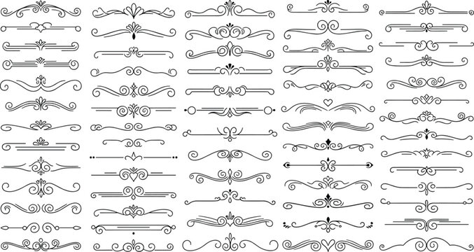Vintage ornamental divider lines set with decorative flourishes and elegant calligraphic border elements collection
