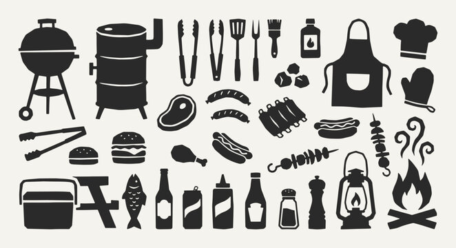 BBQ grill silhouette collection. Black icons set - smoker, barbecue tools, steak, sausages, ribs, burger, hot dog, skewers, cooler, lantern, campfire. Vector linocut style minimalist design elements.