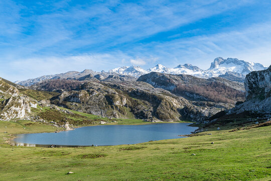 Covadonga lake and mountains in Picos de Europa National Park Asturias