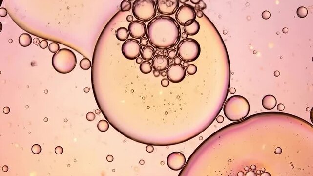 This is a close-up macro shot of oil droplets in water. The droplets vary in size, with some larger ones containing smaller bubbles.