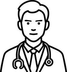 Obraz premium Hand Drawn Professional Doctor Wearing a Stethoscope Black and White Avatar Illustration in Minimal Line Art Style Design