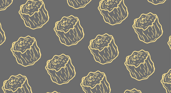 Dim Sum Seamless Pattern. Shumai Dumpling Repeating Motif. Hand Drawn Outline Illustration. Monochrome And Color Variations. Asian Culinary Textile Packaging Design.