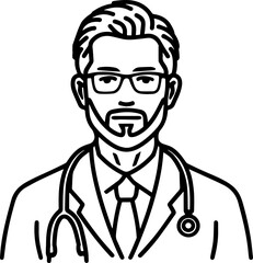 Obraz premium Hand Drawn Professional Doctor Wearing a Stethoscope Black and White Avatar Illustration in Minimal Line Art Style Design