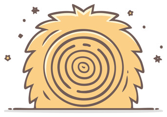 Cartoon hay bale with radial lines in field with stars, isolated illustration, farm harvest design, country agriculture element