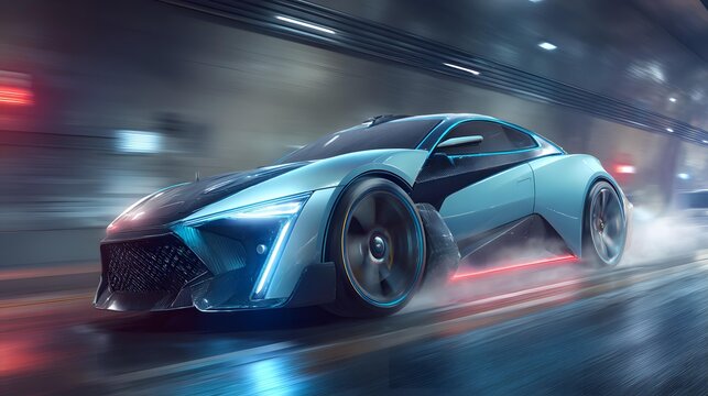 car powered by advanced electric system emitting red neon underglow in dark tunnel, sleek aerodynamic design