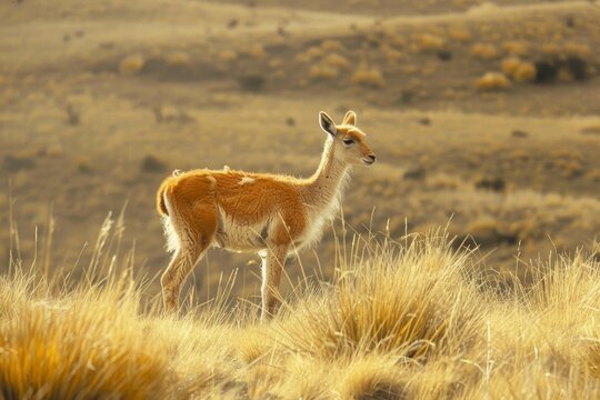 Wild vicuna enjoying the sunlight in the andes mountains