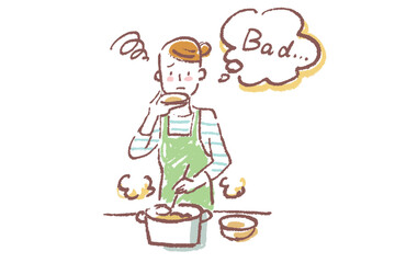 台所で料理しながら味見をする若い女性　シンプルなクレヨンタッチのイラスト