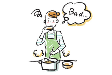 台所で料理しながら味見をする若い女性　シンプルなクレヨンタッチのイラスト