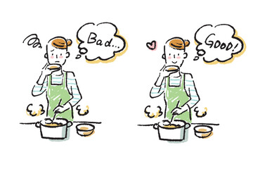 台所で料理しながら味見をする若い女性　シンプルなクレヨンタッチのイラストのセット