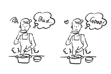 台所で料理しながら味見をする若い女性　シンプルなクレヨンタッチの白黒イラストのセット