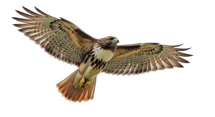 Fototapeta premium Isolated hawk soars, its wings spread wide against clear skies during flight on a sunny day