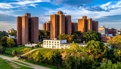 Fototapeta premium Group of large, brown apartment buildings with lush, green trees during a blue sky with orange sunset