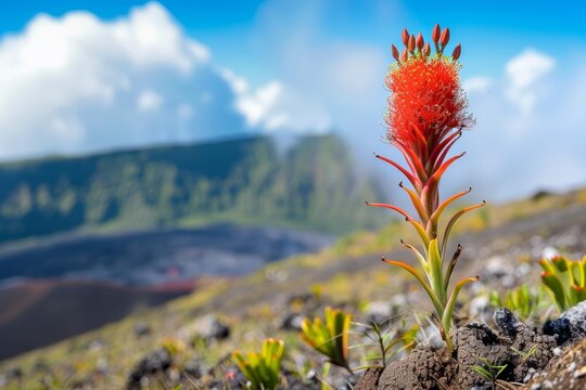 Vibrant red ohia lehua blossom thrives in volcanic landscape near kilauea volcano crater, showcasing resilience of nature