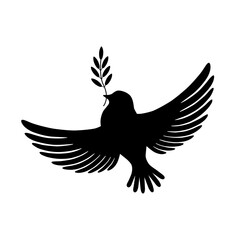 Obraz premium Silhouette Peace dove with olive branch. Vector illustration. Isolated on white background. 
