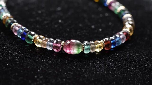 A vibrant, multi-colored beaded bracelet featuring sparkling gemstones rests