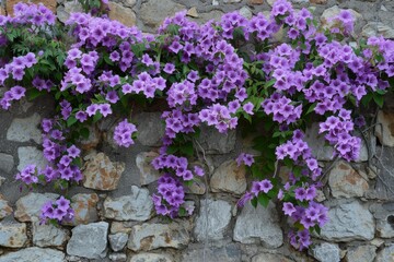 Obraz premium Vibrant purple flowers climb and spill over a rustic stone wall, creating a picturesque scene in a mediterranean garden