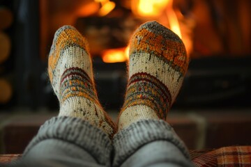 Naklejka premium Knitted socks warming up by a cozy fireplace, enjoying the warmth and comfort of home