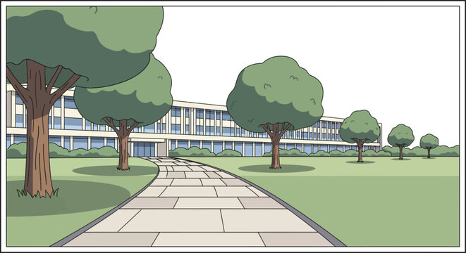 Modern school building with pathway and trees in cartoon style