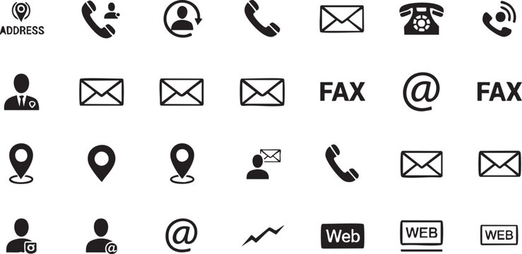 Collection of black contact and communication on white background email