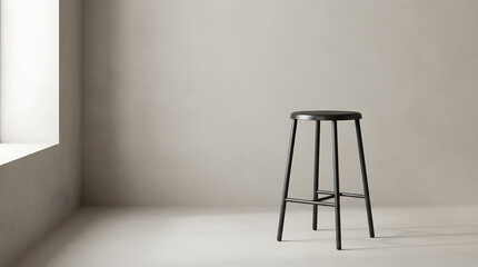 Minimalist black stool with slender legs in a softly lit room