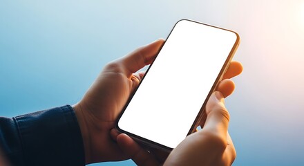 Hands holding smartphone with blank screen at sunset