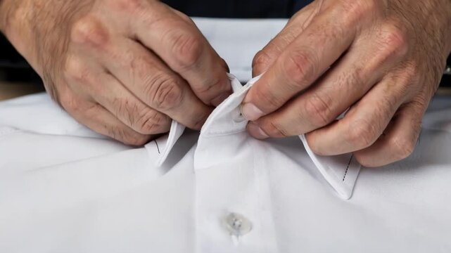 Medium shot of a tailor carefully assembling a spread collar with interfacing highlighting precise topstitching and fabric layering for a crisp structured finish.