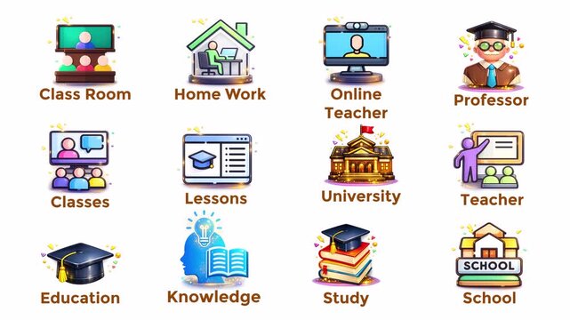 Animated Education Icons Set &ndash; Online Learning, School, Teacher and Study Concepts &ndash; Transparent Background 4K Motion Graphic