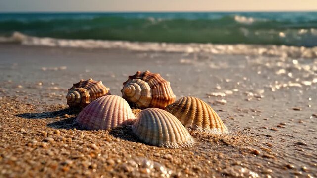 Colorful seashells on a golden sandy beach with gentle ocean waves washing