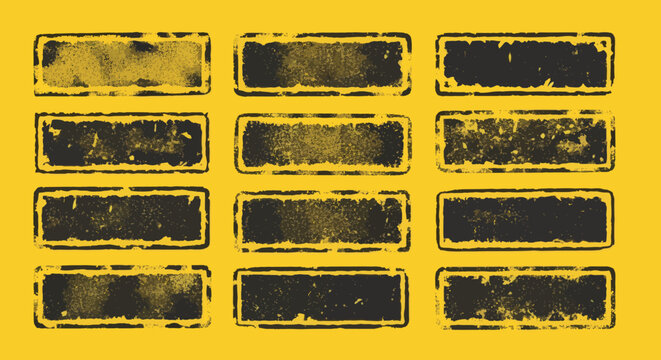 A collection of grungy rectangular frames arranged in a grid pattern on a vibrant yellow surface viewed from directly above isok style
