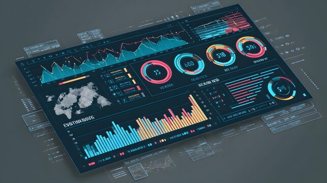 fintech dashboard interface with glowing charts highlighting ESG performance metrics, floating in dark space, sleek modern design