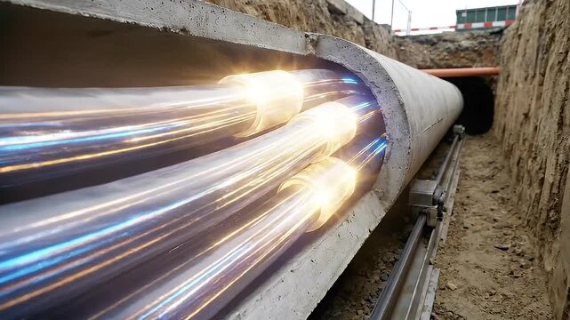 Automated energy distribution pipeline and underground conduit with long shiny fiber optic cables and power cables glowing through concrete ductwork