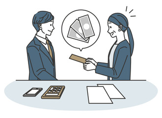 Obraz premium 買取成立後に現金を受け取る女性のイラスト