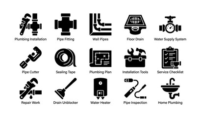 Plumbing tools and systems icons: installation, maintenance, water supply