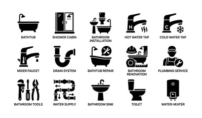 Bathroom icons: fixtures, plumbing, and renovation symbols for repair and installation