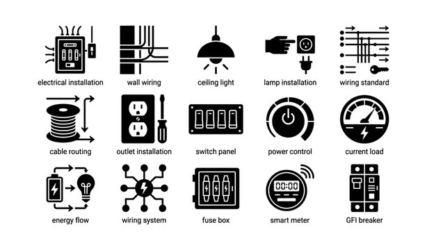 Electrical installation icons set: wiring, energy, power control, smart meter, switch panel
